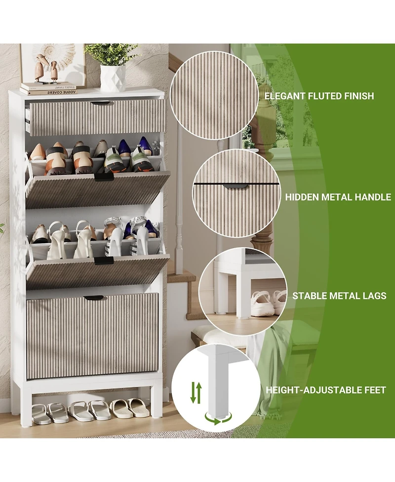 gaomon Entryway Freestanding Shoe Cabinet, 3 Flip Fluted Doors + 1 Drawer Shoe Organizer