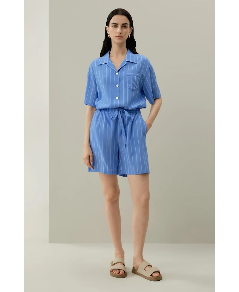 Lilysilk Women's Amalfi Striped Cuban Collar Shirt