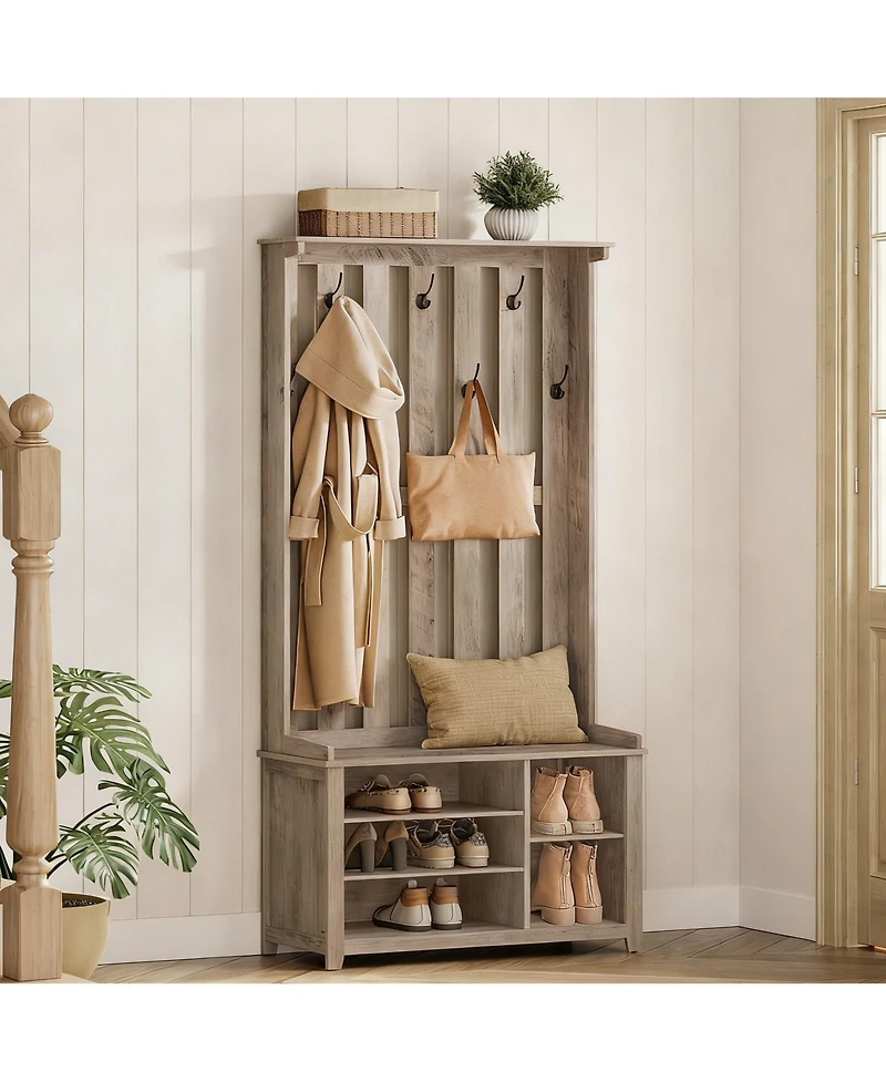 Yigii 7 Double Hooks Hall Tree with Shoe Bench and Storage