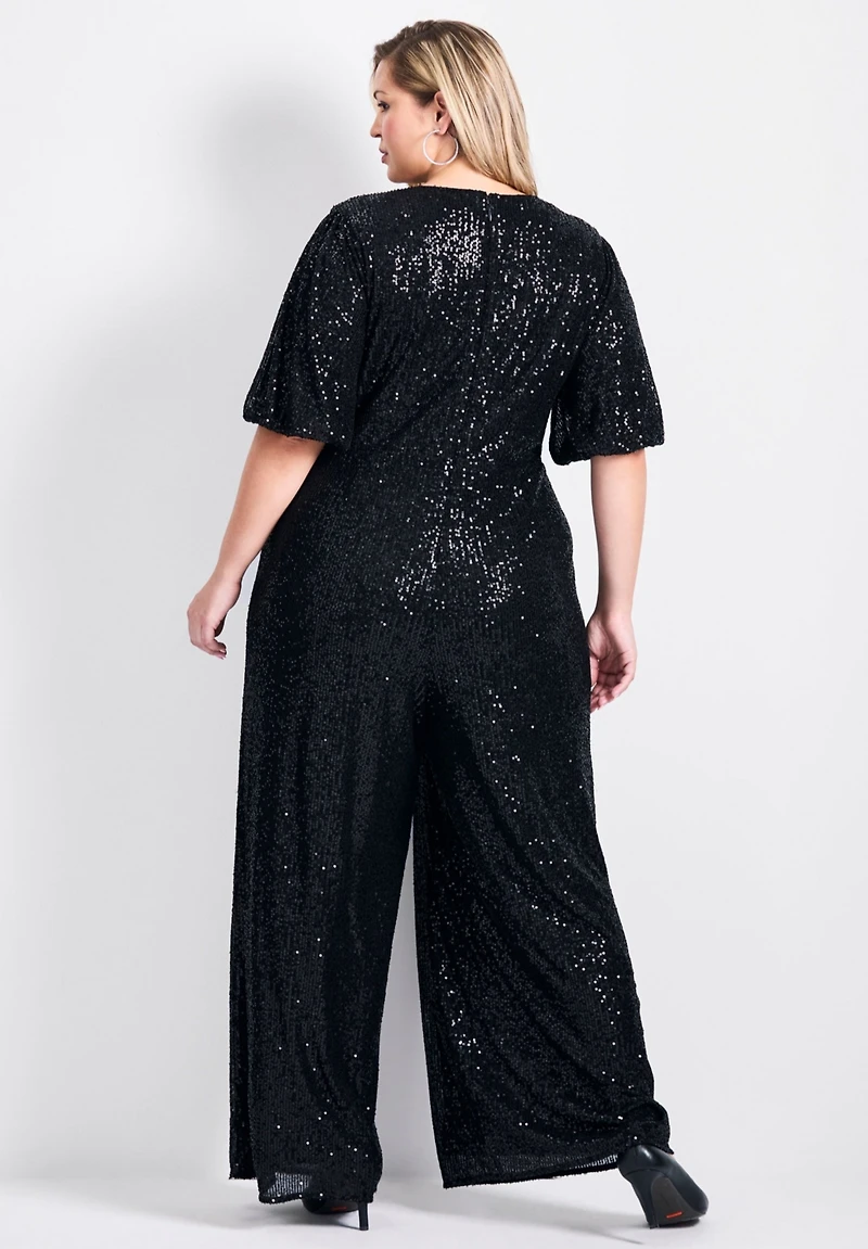 Avenue Women's Plus Petite Nada Sequin Puff Sleeve Jumpsuit