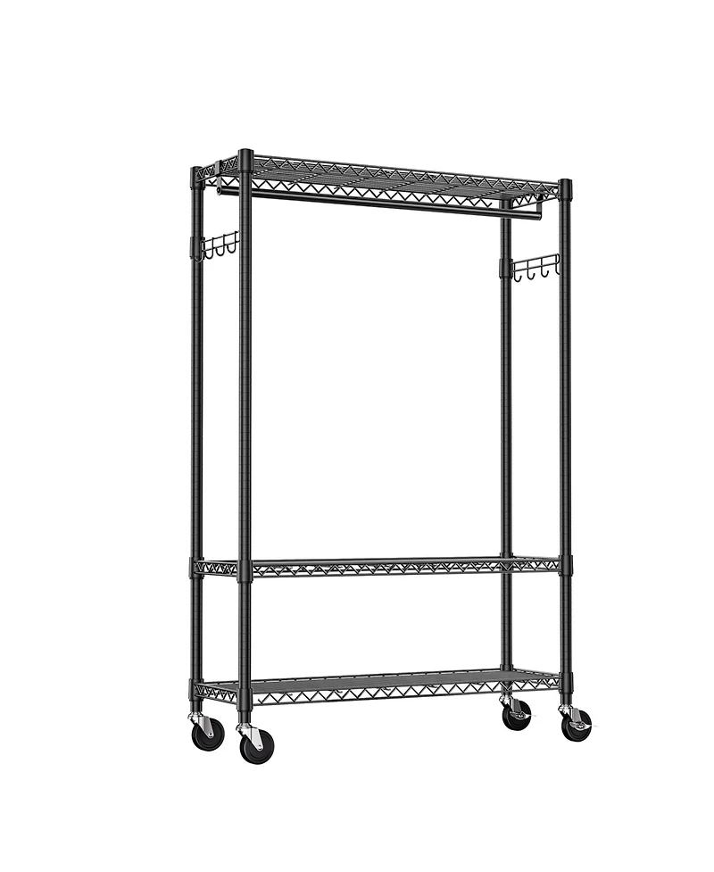 Rainsken Heavy Duty Garment Rack on Wheels, 3 Tiers Adjustable Wire Shelving, Clothes Rack with 1 Rods and Side Hooks for Bedroom and Wardrobe