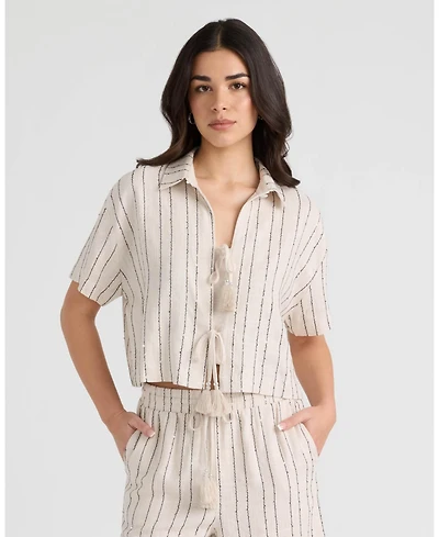 Nvlt Women's Tie Front Sequins Camp Shirt