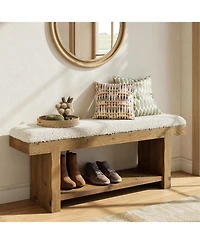 Tribesigns 47.2" Solid Wood Bench, 2-Tier Farmhouse Upholstered Entryway Bench with Storage Shelf, Narrow Rustic Bench for Bedroom, Entryway
