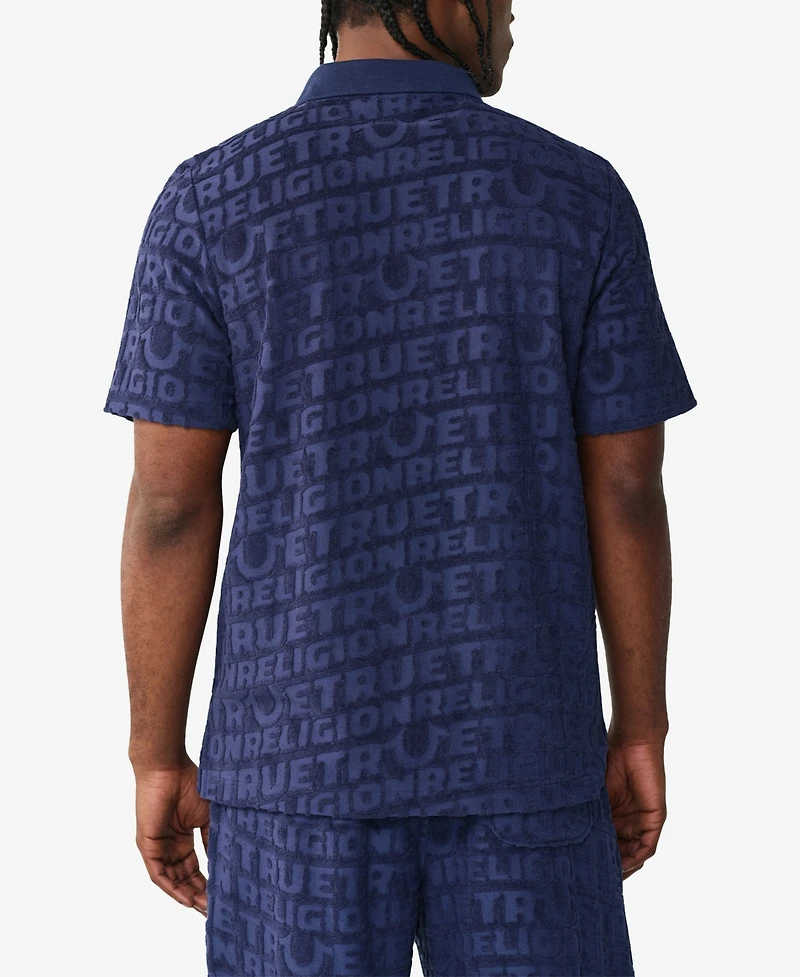 True Religion Men's Short-Sleeve Logo Terry Knit Zip Shirt