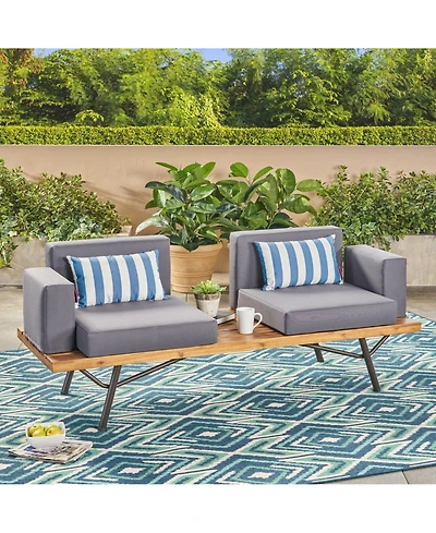 Flynama Outdoor 2 Seater Acacia Wood Sofa with Metal Legs Teak Finish Dark Gray Water Resistant Cushions for Garden Patio