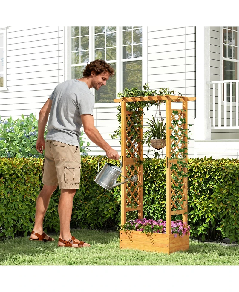 Slickblue Raised Wooden Planter Bed with Trellis and Overhead Roof