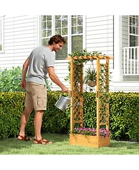 Slickblue Raised Wooden Planter Bed with Trellis and Overhead Roof