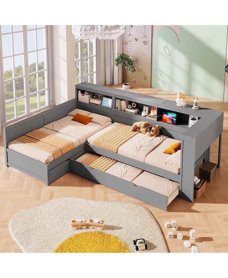 Streamdale Furniture 126 inches Wood Twin L-shaped Platform Bed with Trundle & Drawer