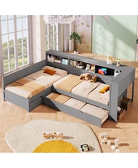 Streamdale Furniture 126 inches Wood Twin L-shaped Platform Bed with Trundle & Drawer