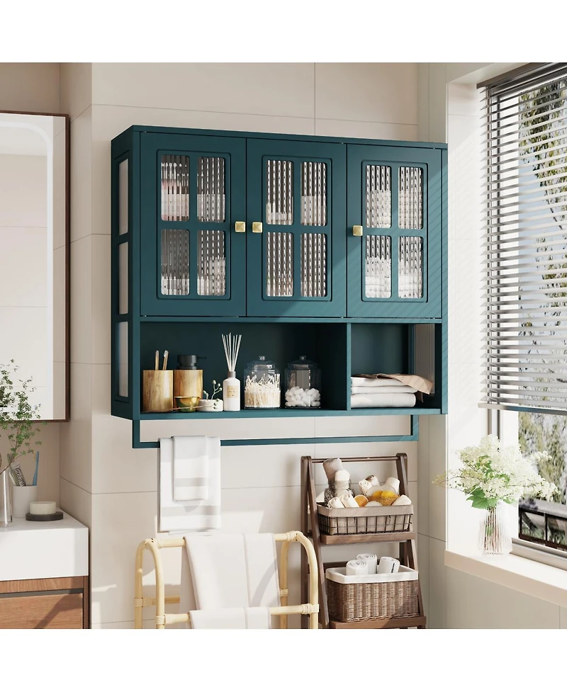 Streamdale Furniture Bathroom Wall Cabinet, 3-Door Wooden Cabinet with Open/Hidden Storage