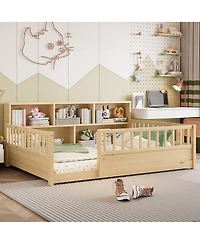 Streamdale Furniture Wooden floor bed with fence guardrail & side storage.