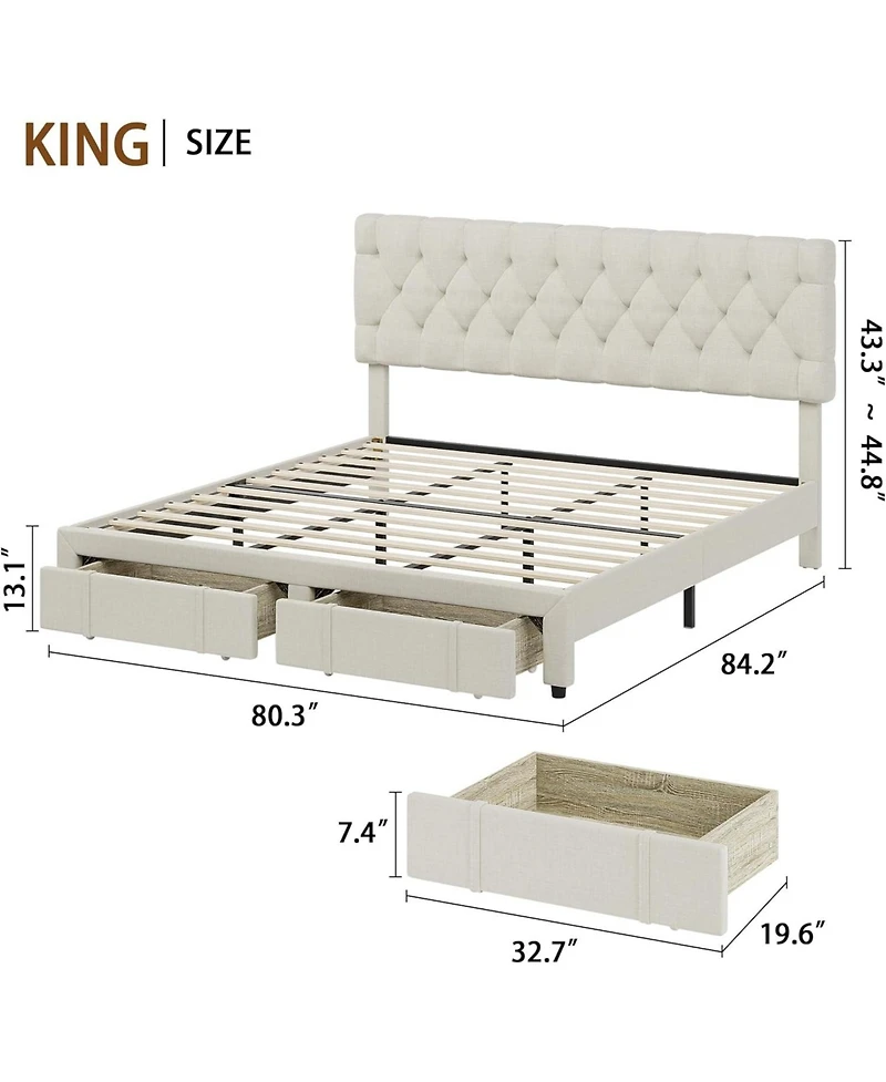 gaomon Full Bed Frame, Upholstered Platform Frame with Storage Drawers, Mattress Foundation Solid Wooden Slats Support,