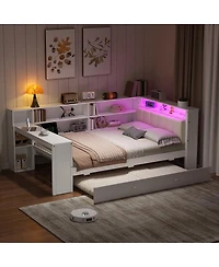 Streamdale Furniture Wood Twin Platform Bed with Storage, Trundle, Charging, Led, Desk, Headboard