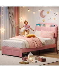 gaomon Twin Bed Frame with Storage Headboard, Velvet Upholstered Platform Bedframe for Kids, Girl Bed, Strong Wooden Slats, Noise-Free, Easy Assembly