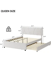 gaomon Trundle Bed Twin, Queen Size Upholstered Platform Bed Frame, Pull Out Bed with Headboard, Wood Slat Support, for Bed& Living Room, Guest