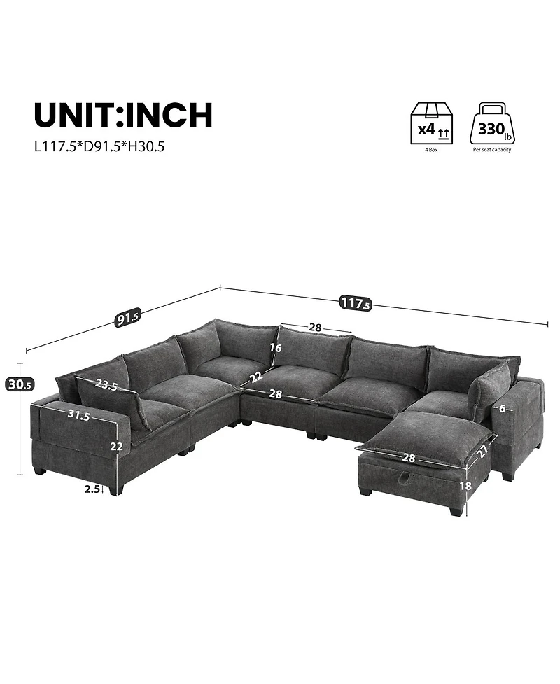 Streamdale Furniture 117 inches Modular Sectional Sofa with Storage Ottoman, 7 Seat U Shaped Couch