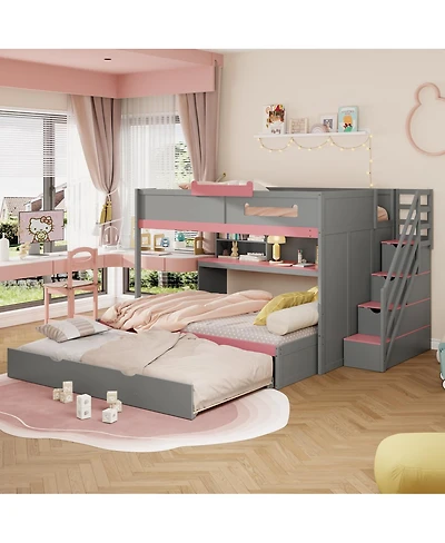 Streamdale Furniture Full Over Full Bunk Bed with Twin Size Trundle and Staircase, Shelves