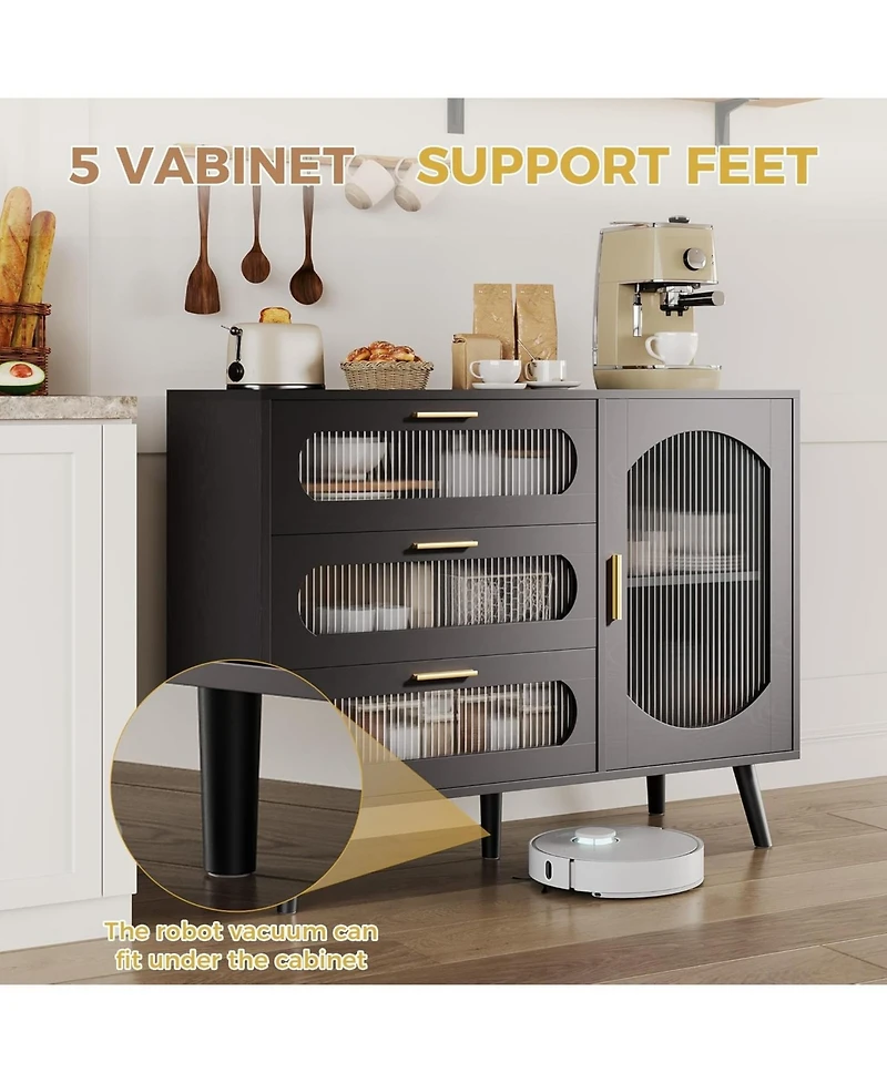 gaomon Buffet Cabinet with Storage, Sideboard Cabinet with Fluted Glass Door and Drawers, Sideboard for Kitchen, Dining Room, Living Room