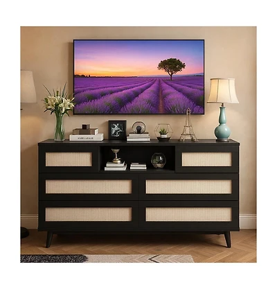 gaomon Rattan Wooden Dresser with 6 Drawers and Charging Station, 47" Modern Dresser with Led Lights and Open Shelves