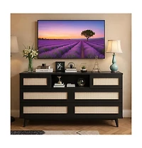 gaomon Rattan Wooden Dresser with 6 Drawers and Charging Station, 47" Modern Dresser with Led Lights and Open Shelves