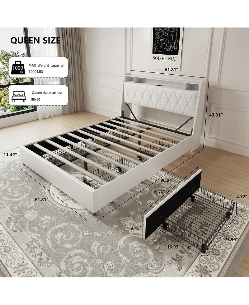Streamdale Furniture Queen Bed Frame with Ergonomic Headboard, Outlets & Storage Shelf