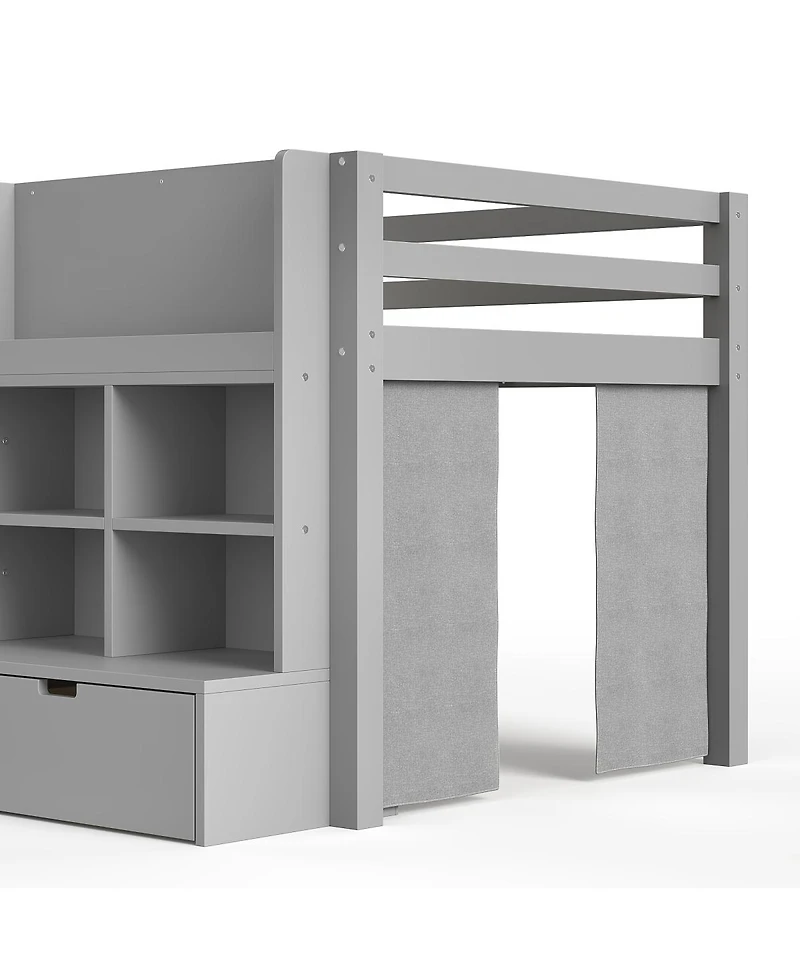 Streamdale Furniture Loft Bed with Multi-Storage Shelves & Curtain, Chalkboard