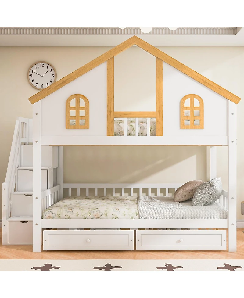 Streamdale Furniture Full Size Wooden House Roof Bunk Bed with Window, Door, Storage & Stairs