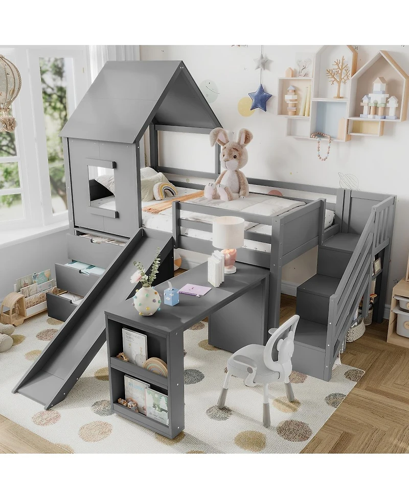 Streamdale Furniture Twin Loft Bed with Storage, Desk, Slide & Stairs