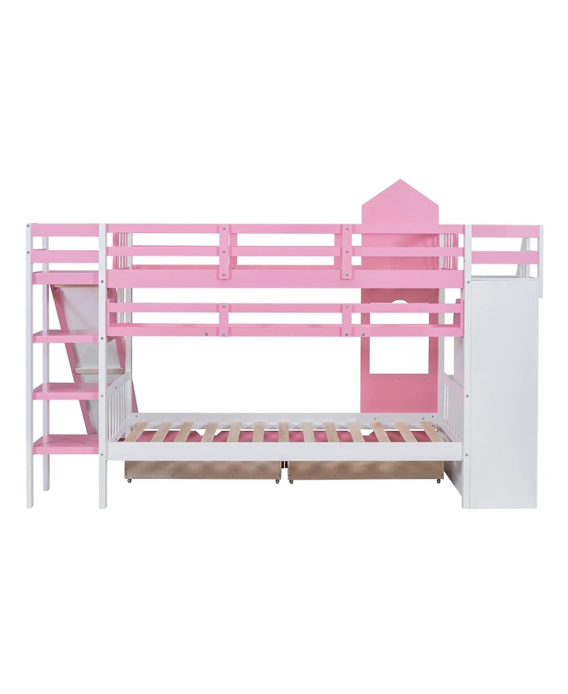 Streamdale Furniture Twin-Over-Twin Castle Bunk Bed with Drawers, Shelves & Slide