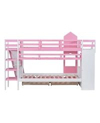 Streamdale Furniture Twin-Over-Twin Castle Bunk Bed with Drawers, Shelves & Slide