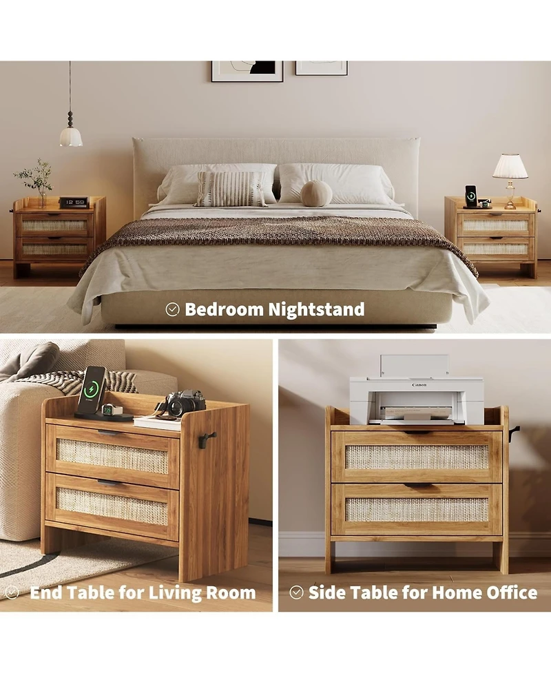 gaomon Rattan Bedside Table Nightstand, 2 Drawer, 1 Pcs Cabinet, Bedroom Organizer and Storage Cabinet