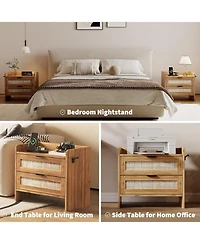 gaomon Rattan Bedside Table Nightstand, 2 Drawer, 1 Pcs Cabinet, Bedroom Organizer and Storage Cabinet