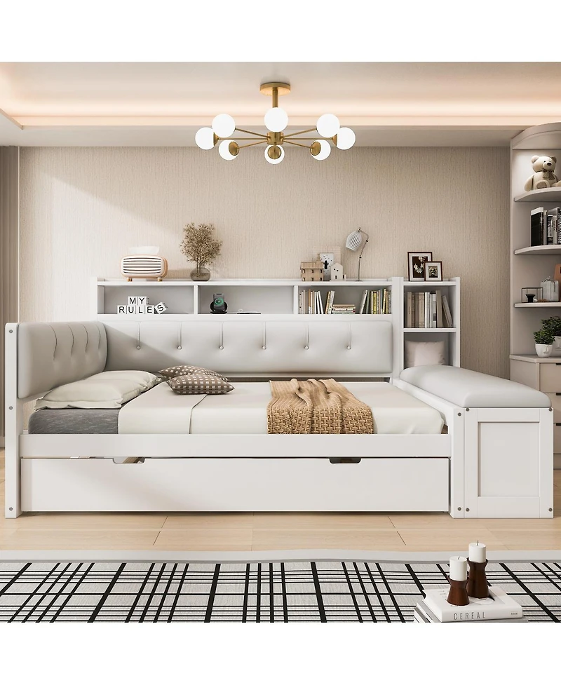 Streamdale Furniture Full Size Wood Daybed with Trundle, Storage, Charging Station, Cushion