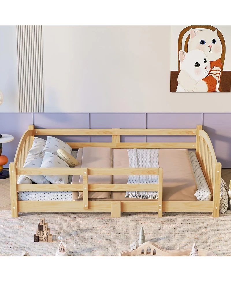 Streamdale Furniture Montessori Floor Bed with Slats & Guardrails, Solid Wood, Easy Assemble