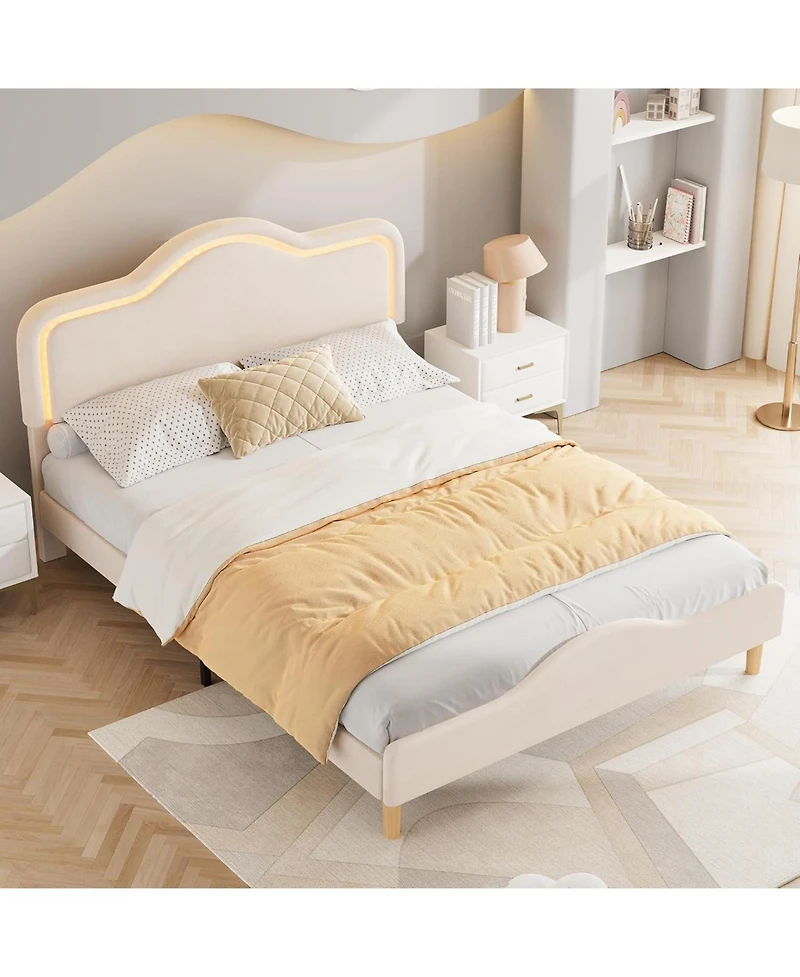gaomon Upholstered Led Bed Frame with Adjustable Headboard and Footboard, Velvet Princess Platform Bedframe for Kids/Girls, Wooden Slats Support