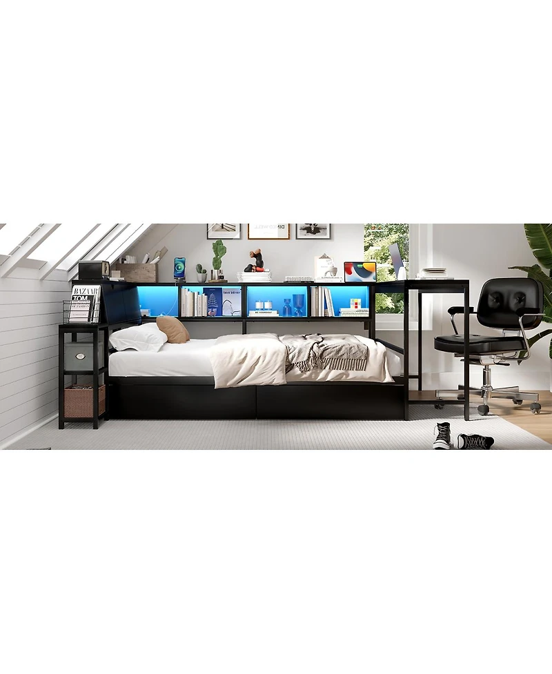 Streamdale Furniture Streamdale Corner Bed Frame with Bookcase, Led, Charging Station