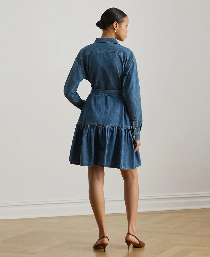 Lauren Ralph Women's Long-Sleeve Belted Tiered Collared Denim Shirt Dress