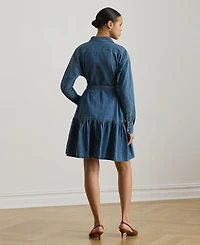 Lauren Ralph Women's Long-Sleeve Belted Tiered Collared Denim Shirt Dress