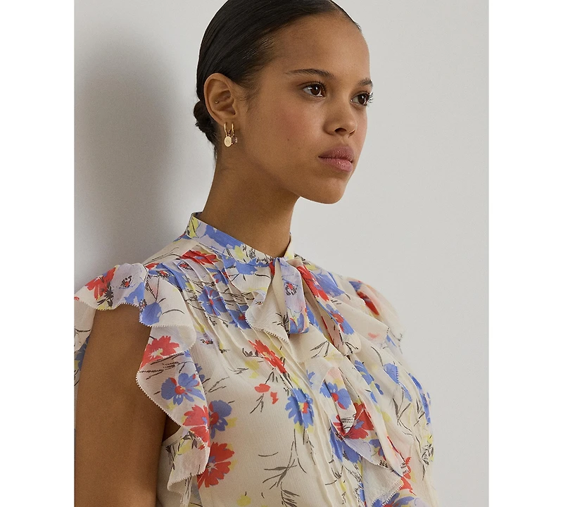 Lauren Ralph Women's Floral Pintucked Tie-Neck Blouse
