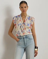Lauren Ralph Women's Floral Pintucked Tie-Neck Blouse