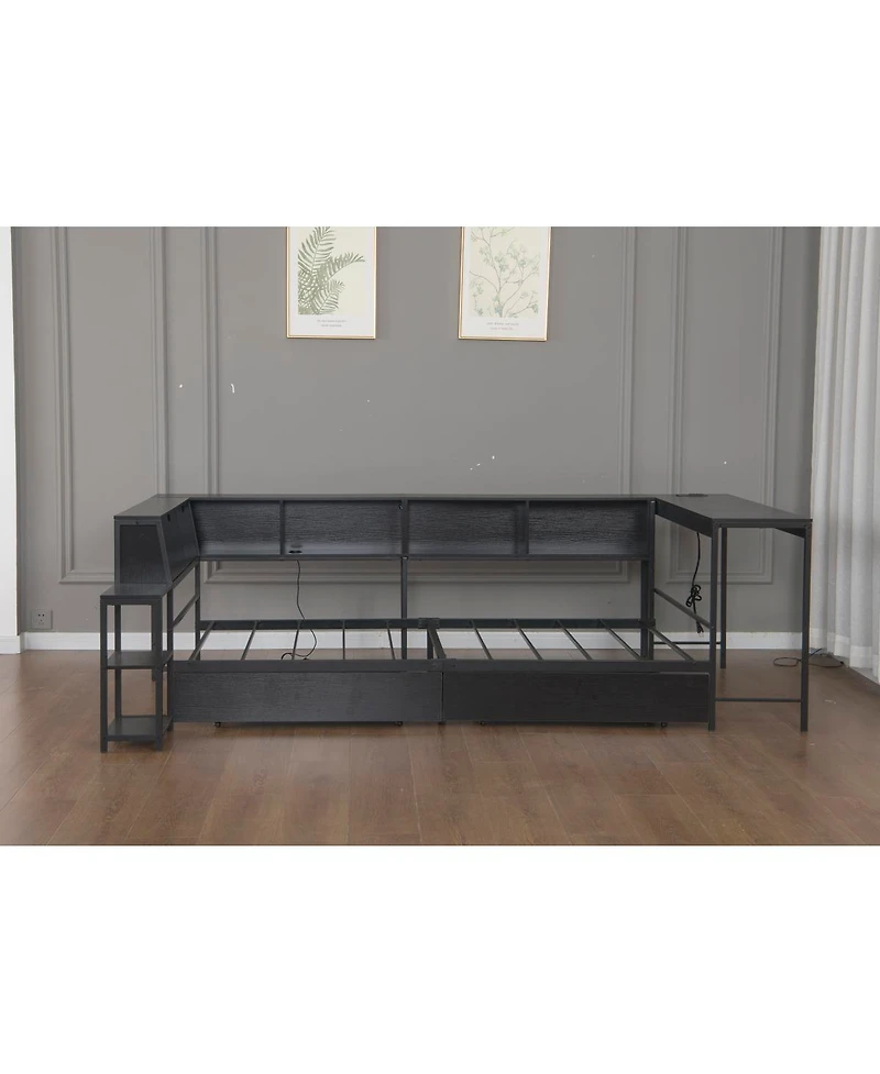 Streamdale Corner Bed Frame Full Size with Bookcase, Led, Charging Station, Black