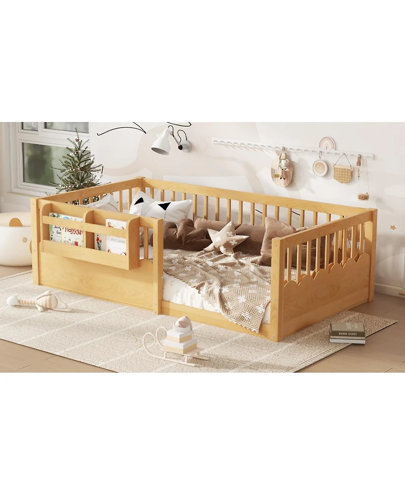 Streamdale Furniture Twin Floor Bed with Fence & Bookshelf, Natural Wood for Kids
