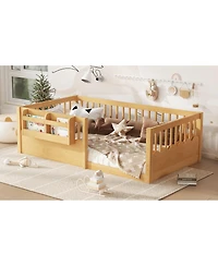 Streamdale Furniture Twin Floor Bed with Fence & Bookshelf, Natural Wood for Kids