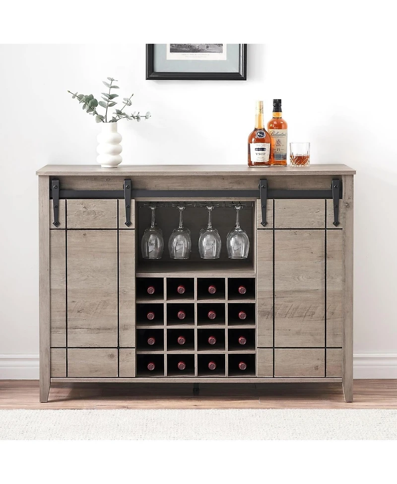 gaomon 47 Inch Wine Bar Cabinet with Sliding Barn Door Buffet Sideboard Cabinet with 16 Bottle Wine Rack