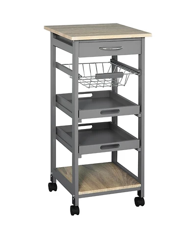 Rainsken Mobile Kitchen Cart, Solid Wood Frame Utility Cart, Rolling Kitchen Island with Wire Fruit Baskets, Trays and Drawer for Dining Room