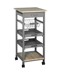 Rainsken Mobile Kitchen Cart, Solid Wood Frame Utility Cart, Rolling Kitchen Island with Wire Fruit Baskets, Trays and Drawer for Dining Room