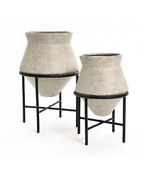 LuxenHome 2-Piece Beige Cachepot Planter Cauldron Set with Stands