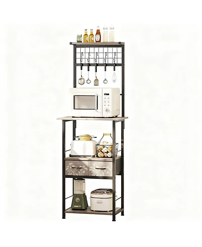 Yigii Space-Saving Slim Coffee Bar with 4 Shelves, 2 Drawers, 5 Hooks