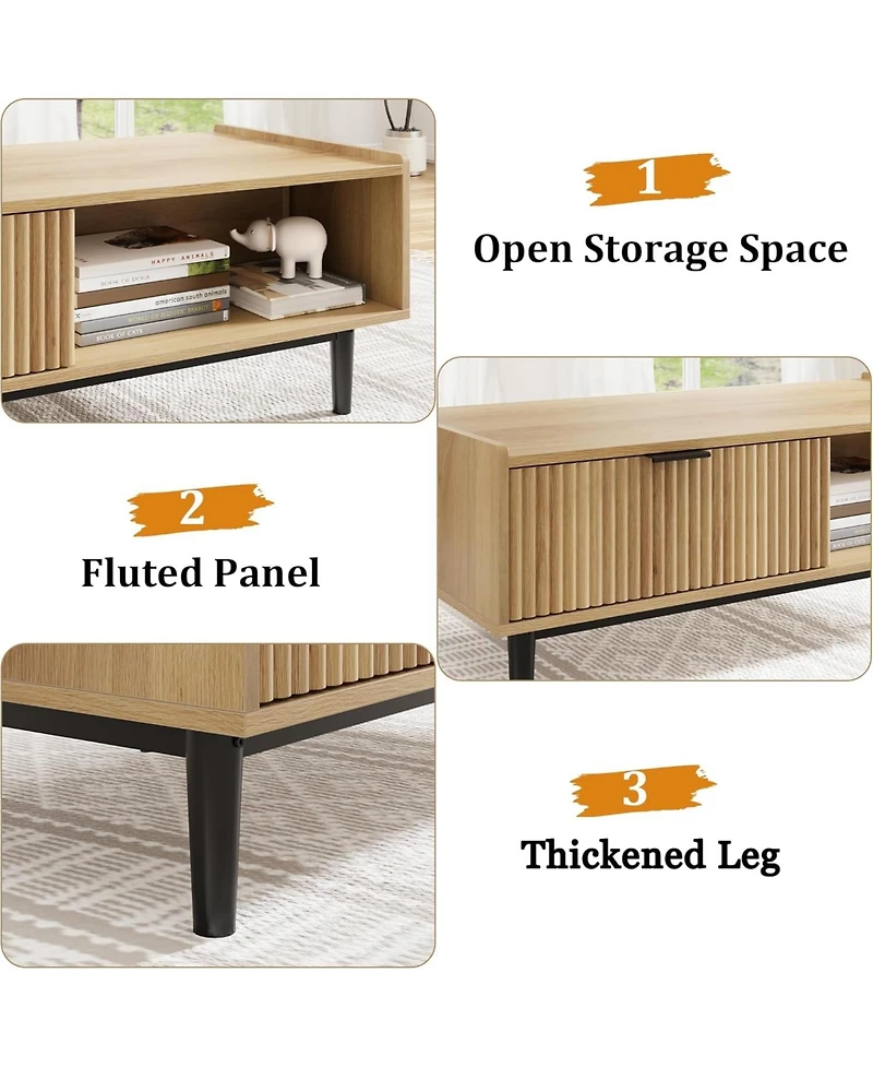 gaomon Coffee Table 42.5" Mid Century Modern Center Table with Drawer Fluted Living Room Table