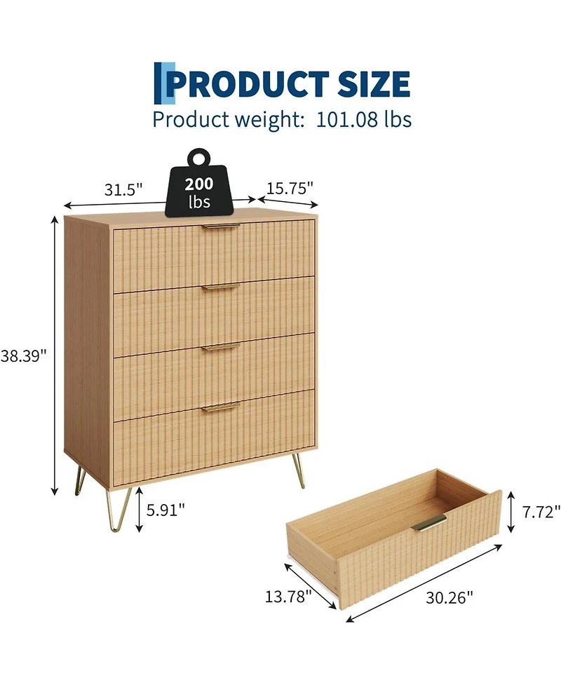 gaomon Fluted 4 Drawer Modern Wooden Dresser, Wide Bedroom Storage, Oak